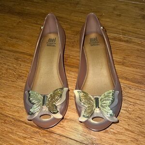 Mini Melissa girls gold peep toe butterfly embellished shoes size 2